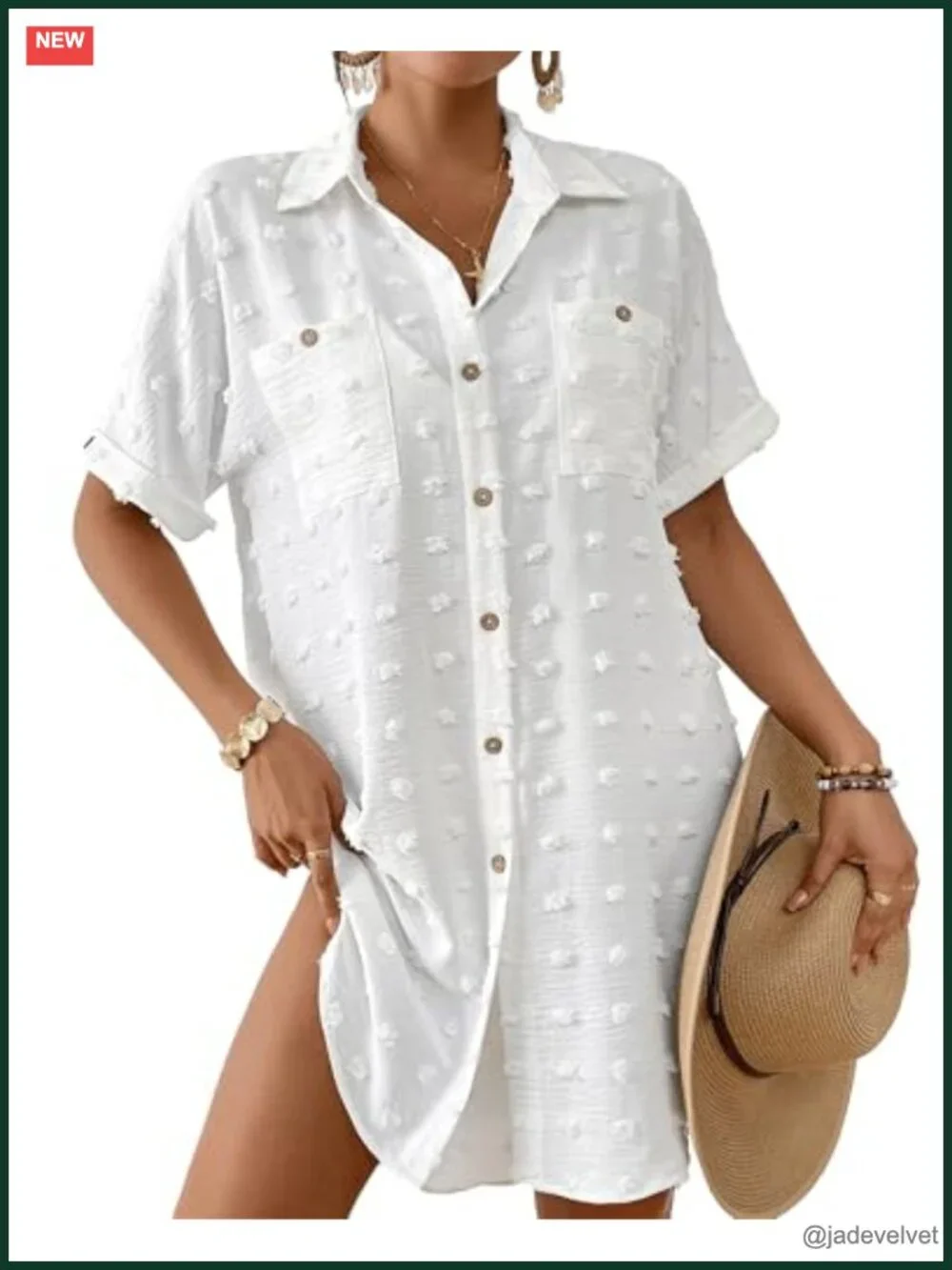 Swiss Dot Smocked Button Down Beach Cover Up Shirt Dress Swimwear Resort Wear